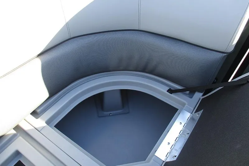 Slide: The Image of 2026 Bentley Pontoons Legacy 243 Navigator storage compartment with cushioned seating. - 10