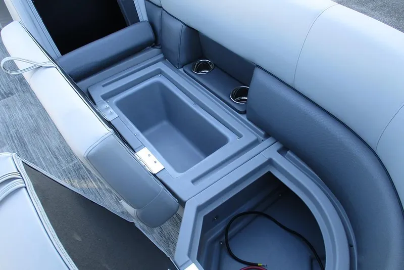 Slide: The Image of 2026 Bentley Pontoons Legacy 243 Navigator interior storage and seating area. - 20