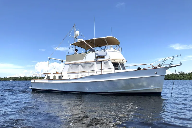 The Image of 1993 Grand Banks 42 Classic yacht on calm water under clear blue sky. - 0