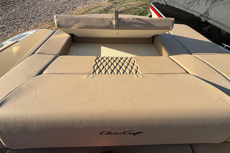 Slide: The Image of Luxurious seating on 2026 Chris-Craft Sportster 28 boat with elegant tan upholstery. - 19