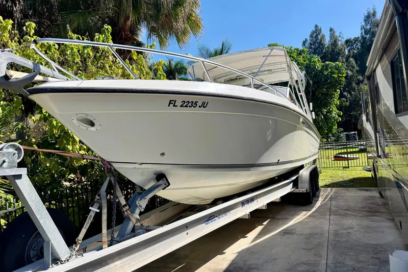 Slide: The Image of 2002 Contender 35 Side Console boat engine with ladder, surrounded by tropical foliage. - 19
