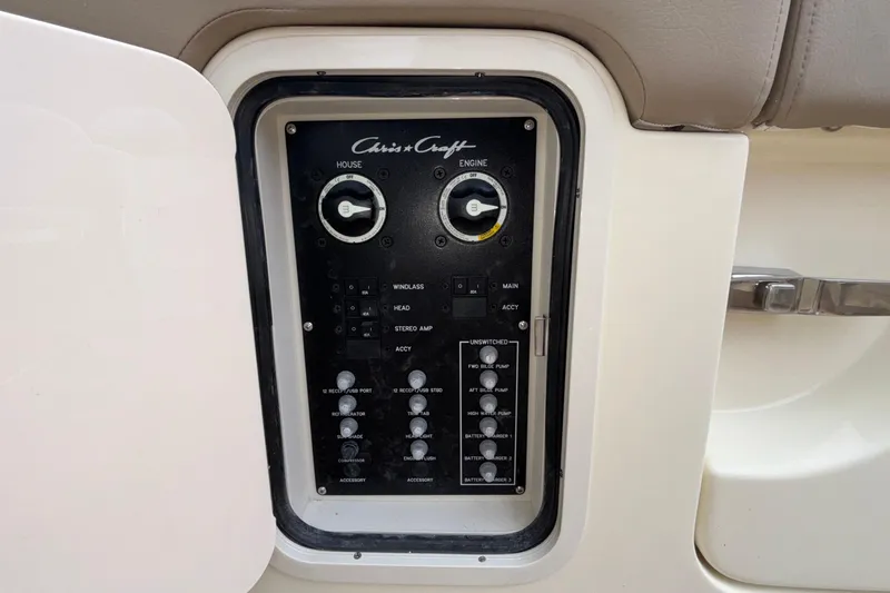 Slide: The Image of Control panel of 2026 Chris-Craft Calypso 28 boat, featuring various switches and dials. - 19