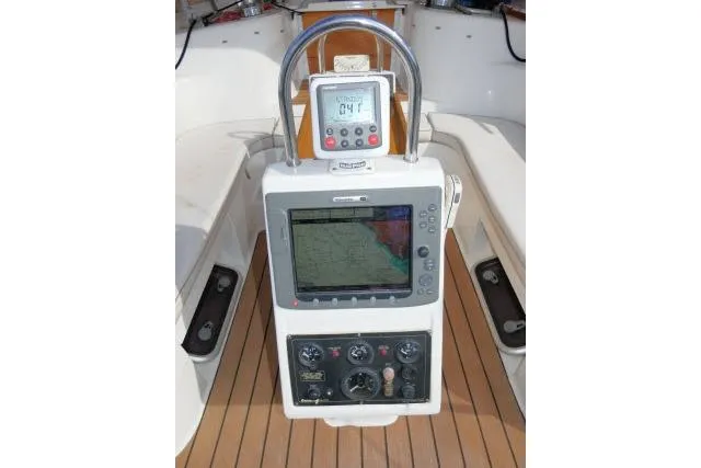 Slide: The Image of Cockpit navigation system of 2008 Catalina 400 MK II sailboat with GPS and controls. - 45
