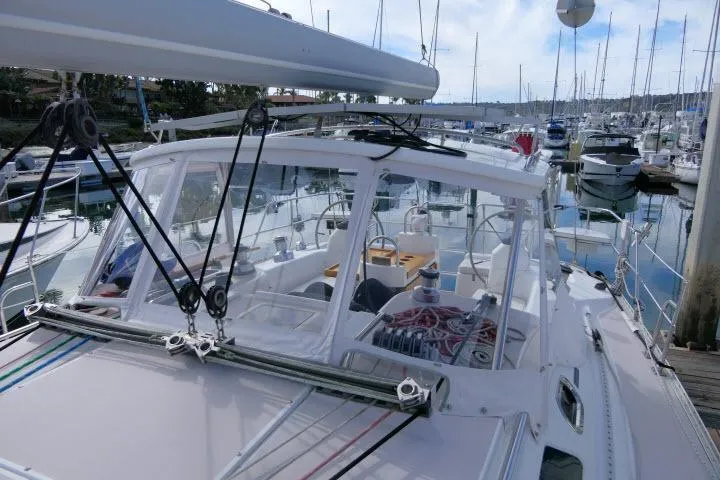Slide: The Image of Catalina 400 MK II sailboat, 2008 model, docked in a marina with clear skies. - 54