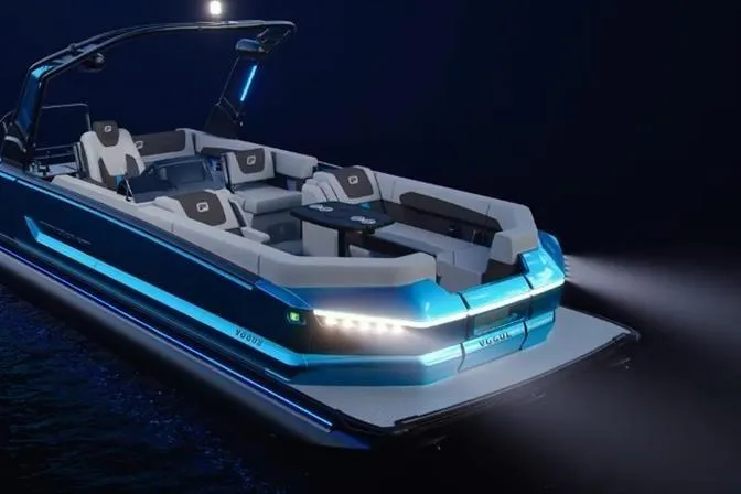 Slide: The Image of 2026 Princecraft Vogue 25 pontoon boat with LED lights, sleek design, and modern seating. - 11