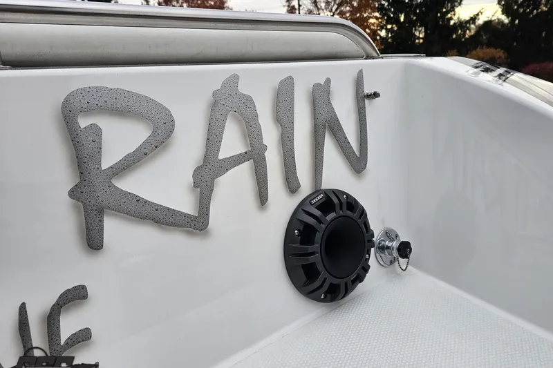 Slide: The Image of 2004 Black Thunder 460 boat with "RAIN" lettering and speaker detail. - 36