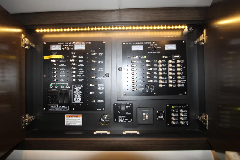 Slide: The Image of Electrical control panel inside 2019 Cruisers Yachts 42 Cantius, featuring distribution systems. - 47