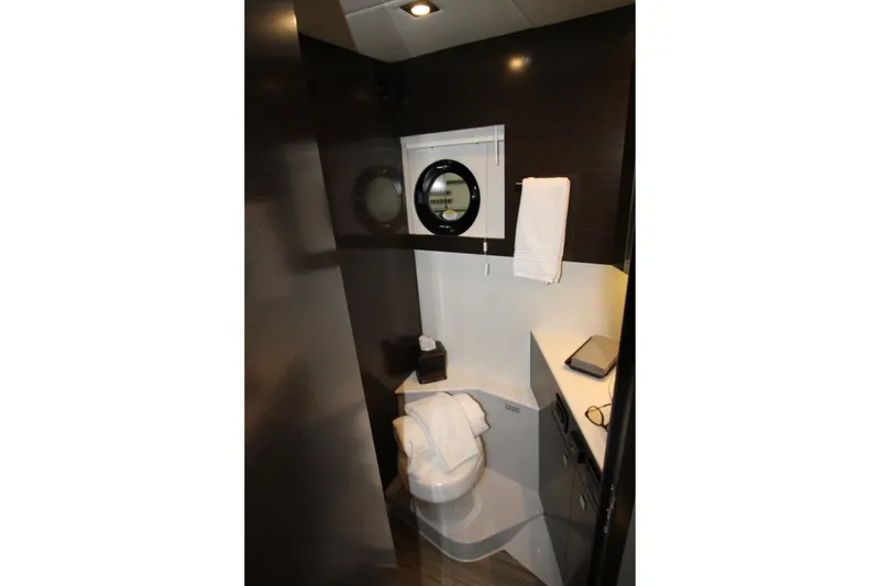 Slide: The Image of 2019 Cruisers Yachts 42 Cantius bathroom with modern design and porthole window. - 26