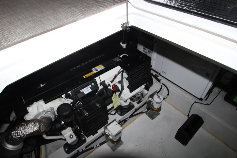 Slide: The Image of Engine compartment of 2019 Cruisers Yachts 42 Cantius, featuring Volvo Penta components. - 96