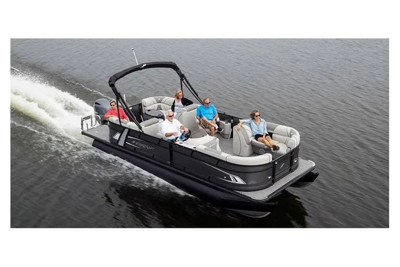 Slide: The Image of 2024 Starcraft EXS 3 pontoon boat cruising on a lake with passengers. - 4