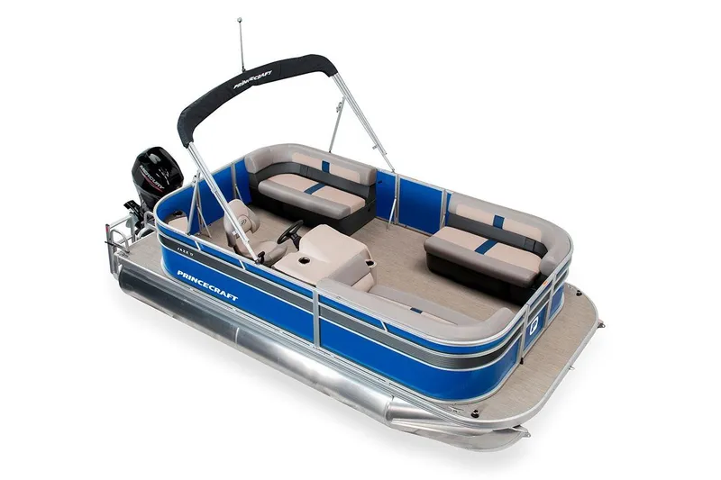Slide: The Image of 2026 Princecraft Jazz 170 pontoon boat with blue exterior and spacious seating. - 1
