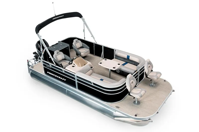 Slide: The Image of 2026 Princecraft Jazz 190-4S pontoon boat with seating and canopy, side view. - 10
