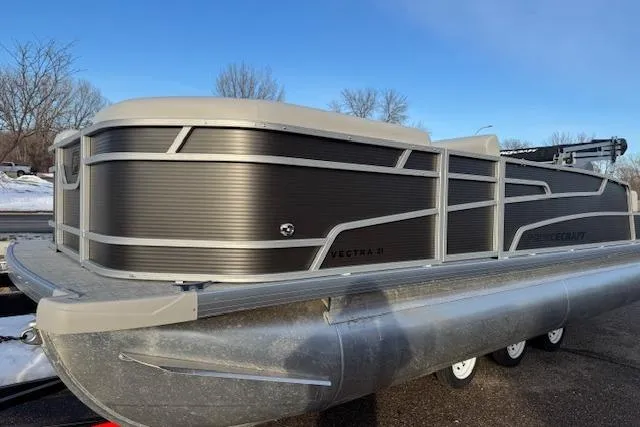 The Image of 2026 Princecraft Vectra 23 RL pontoon boat on trailer, side view. - 0
