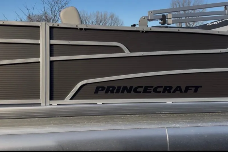 Slide: The Image of 2026 Princecraft Vectra 21 RL pontoon boat side view with logo. - 3