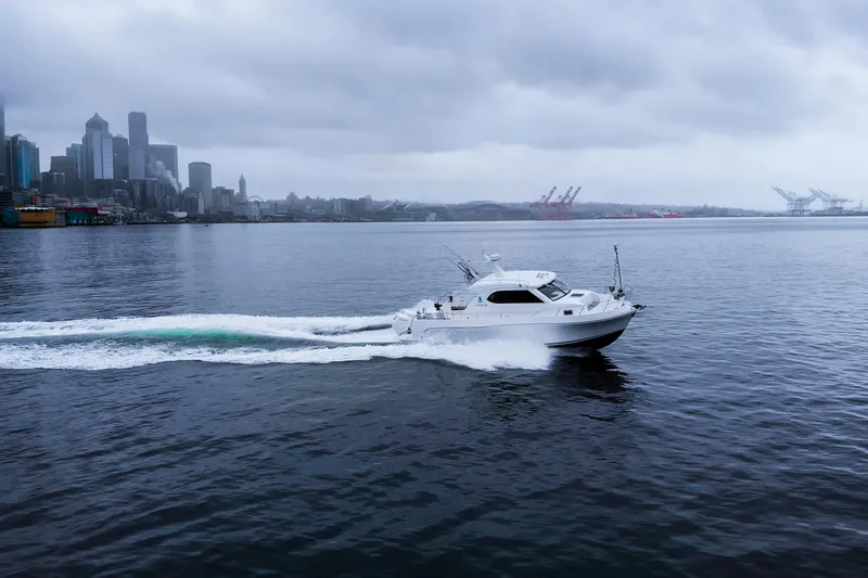 Slide: The Image of 2025 Bracewell Commander 36SF cruising near city skyline on a cloudy day. - 3