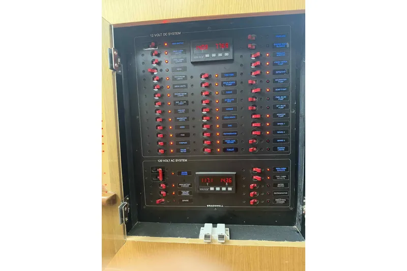 Slide: The Image of Electrical panel of Bracewell Commander 36SF, 2025 model, showing 12V DC and 120V AC systems. - 31