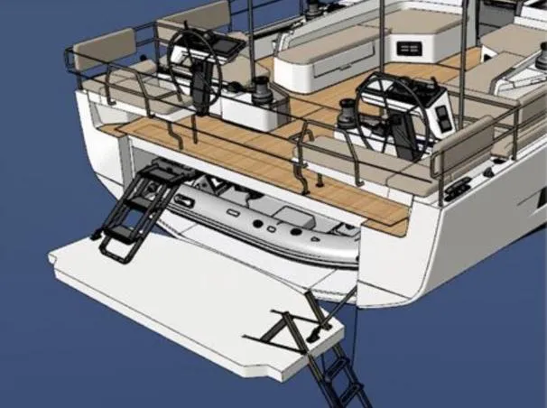 Slide: The Image of Hanse 590 yacht 2025 model, rear view with open deck and ladder. - 37