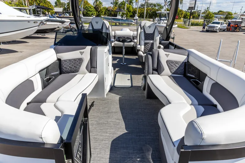 Slide: The Image of Luxurious 2026 Viaggio Diamante Q boat interior with stylish seating and modern design. - 2