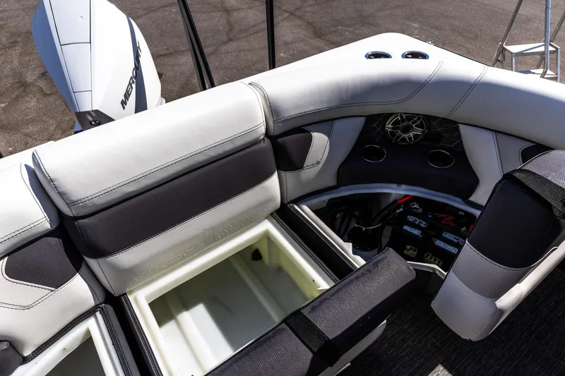Slide: The Image of Interior view of 2026 Viaggio Diamante Q boat with storage compartments and seating. - 9
