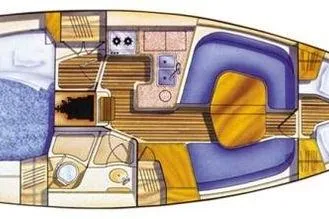 Slide: The Image of Floor plan of a 2001 Hunter 340 sailboat, featuring cabin and galley layout. - 29