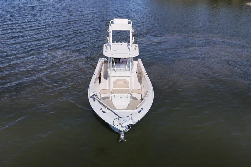 Slide: The Image of 2018 Sailfish 270 CC boat on calm water, aerial view. - 16
