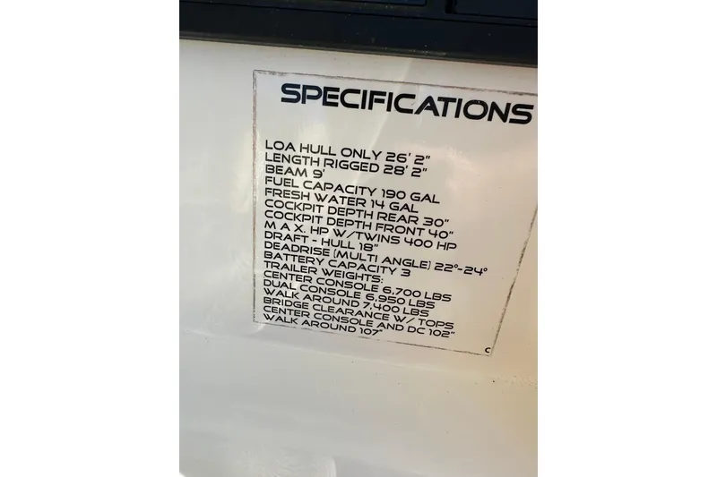 Slide: The Image of Specifications plaque for 2018 Sailfish 270 CC boat, detailing dimensions and capacities. - 25