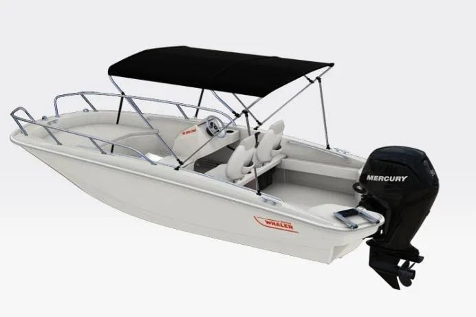 Slide: The Image of 2026 Boston Whaler 160 Super Sport boat with Mercury outboard motor and black canopy. - 3