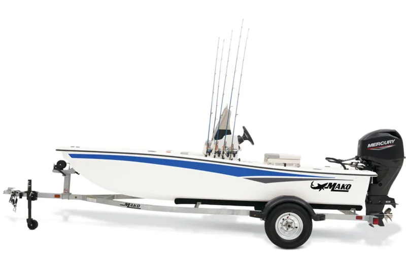 Slide: The Image of 2026 Mako Pro Skiff 15 CC boat with Minn Kota motor, sunlit deck view. - 2