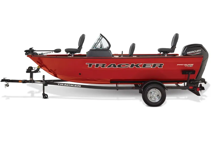Slide: The Image of 2026 Tracker Pro Guide V-16 WT boat interior with Mercury engine and seating. - 4