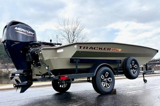 Slide: The Image of 2026 Tracker Grizzly 1756 T Marsh boat on trailer with Mercury engine. - 17