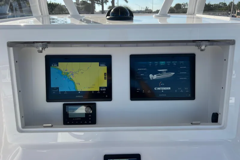 Slide: The Image of Dashboard of 2026 Contender 28 Tournament boat with dual Garmin displays. - 13