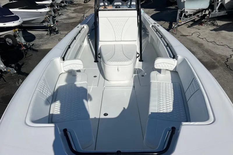 Slide: The Image of 2026 Contender 35 ST boat interior with white seating and modern design. - 14