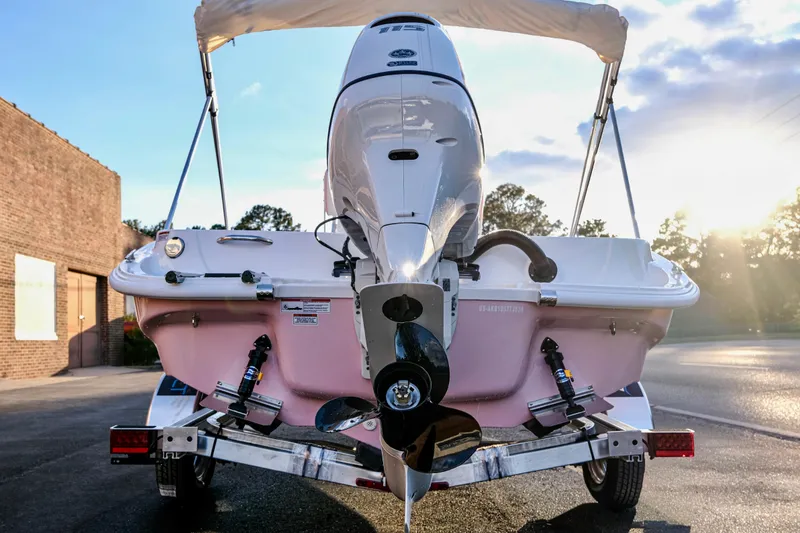 Slide: The Image of 2026 ALK2 Powerboats 18 CRS on trailer, rear view with outboard motor. - 16