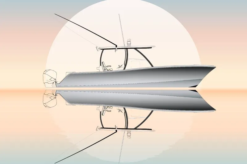 Slide: The Image of 2026 Front Runner 35 CAT boat silhouette against a serene sunset background. - 2