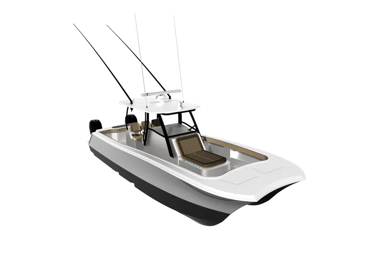 Slide: The Image of 2026 Front Runner 35 CAT boat with sleek design and fishing rods. - 3