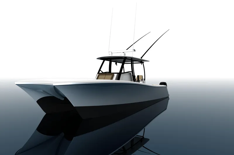 Slide: The Image of 2026 Front Runner 35 CAT boat on calm water, sleek design, modern features. - 5