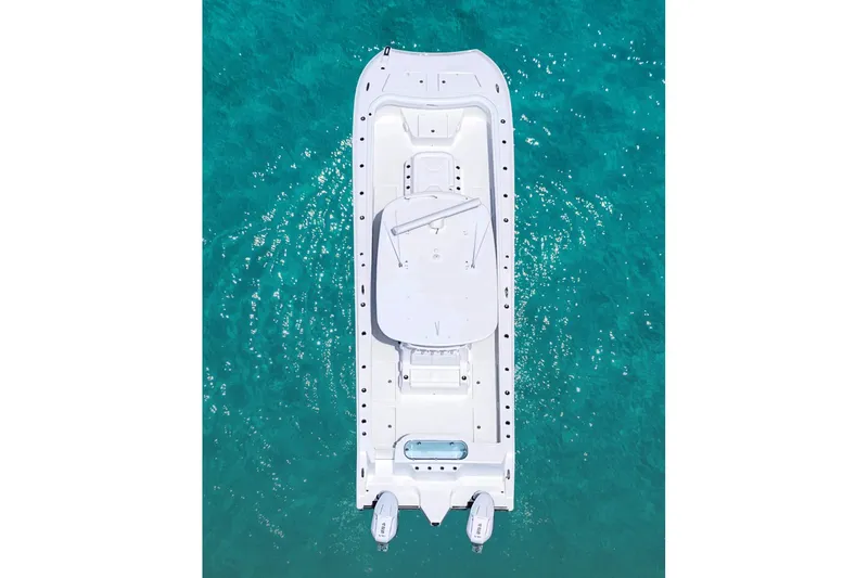 Slide: The Image of Aerial view of 2026 Front Runner 35 Catamaran on clear turquoise water. - 2