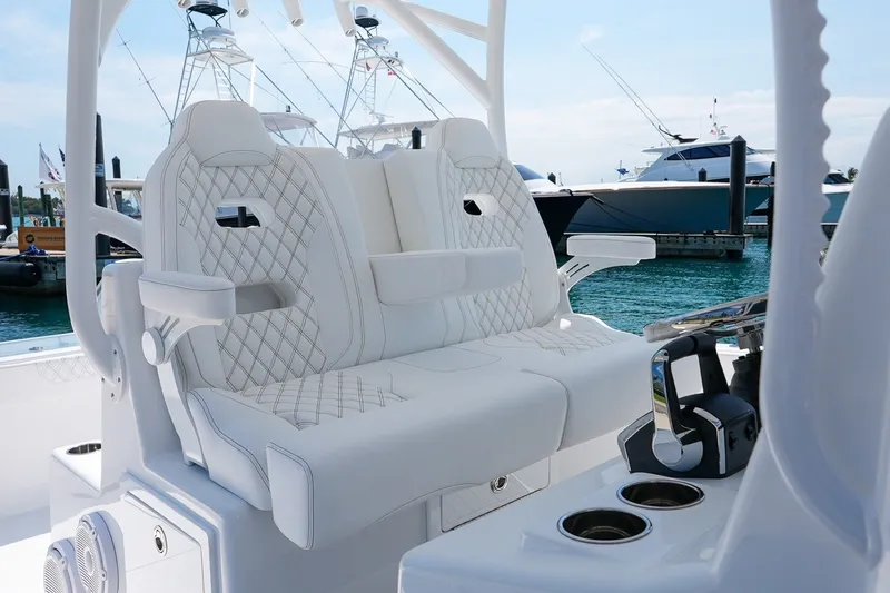 Slide: The Image of Luxurious seating on 2026 Front Runner 35 Catamaran, featuring elegant white upholstery and modern design. - 12