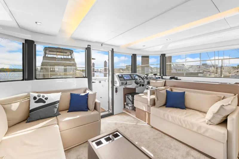Slide: The Image of Luxurious interior of 2024 Leopard 46 Powercat yacht with plush seating and modern helm. - 45