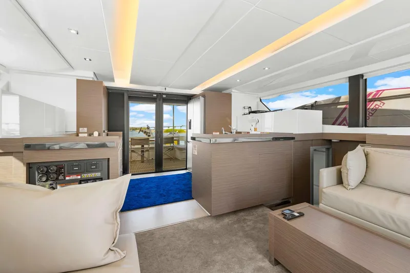 Slide: The Image of Luxurious interior of 2024 Leopard 46 Powercat yacht with modern design and spacious layout. - 48