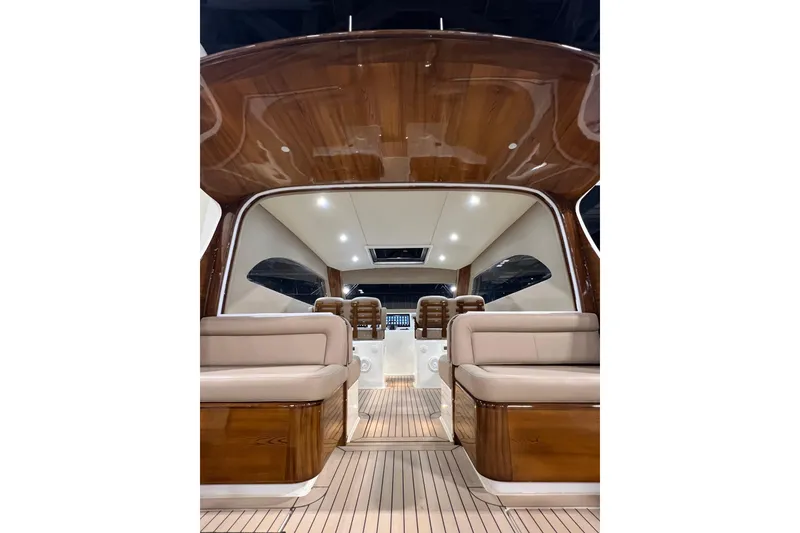 Slide: The Image of Luxurious interior of 2026 Front Runner 43 HTX Catamaran with elegant wood finish and seating. - 3