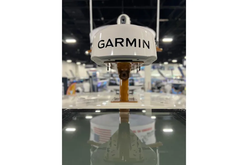 Slide: The Image of Garmin radar on 2026 Front Runner 43 HTX Catamaran, indoor boat show display. - 12