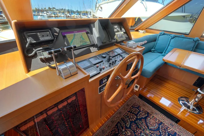 Slide: The Image of Luxurious yacht helm with wooden steering wheel, navigation controls, and plush seating, Symbol 558, 1999. - 40