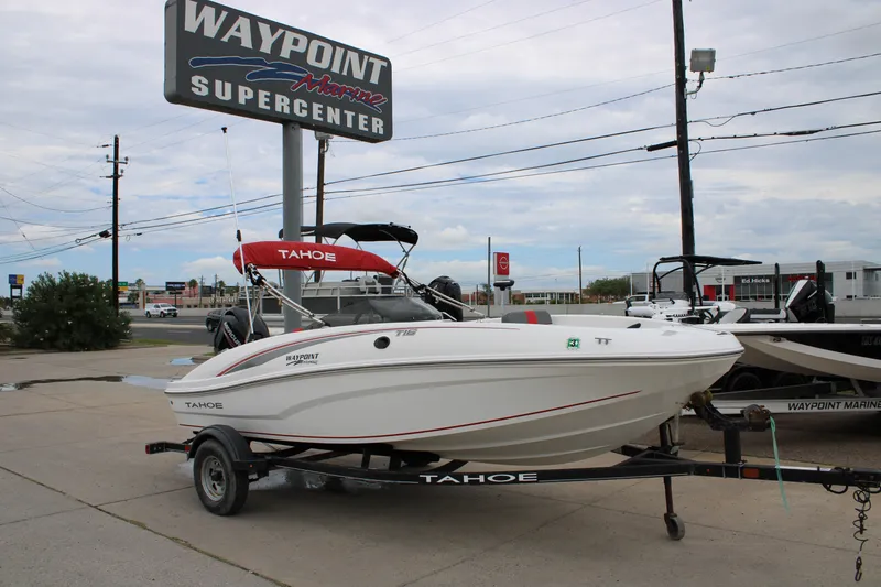 Slide: The Image of 2022 Tahoe T16 boat on trailer at Waypoint Marine Supercenter. - 10