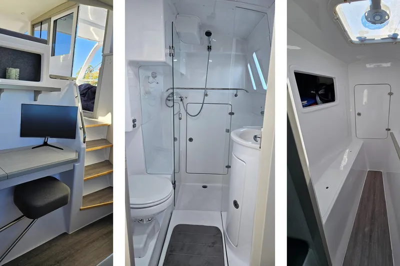 Slide: The Image of Interior of 2022 Seawind 1160 Lite yacht featuring workspace, bathroom, and storage area. - 10