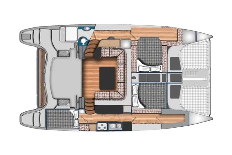 Slide: The Image of Floor plan of a 2022 Seawind 1160 Lite catamaran, featuring cabins and living areas. - 11