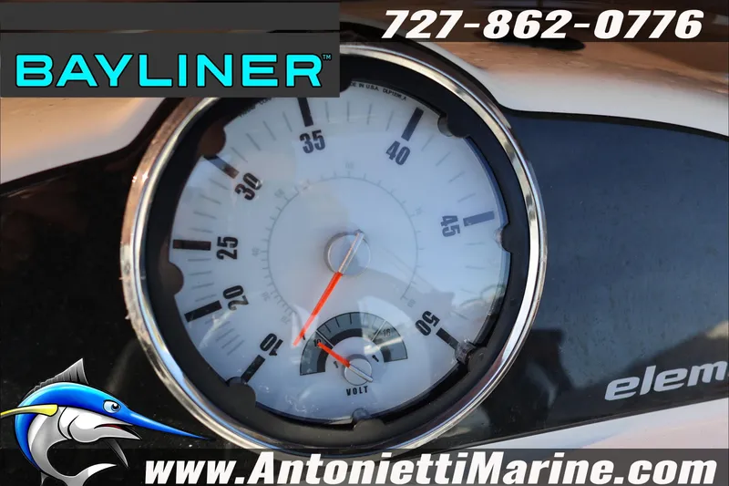 Slide: The Image of 2025 Bayliner Element E18 speedometer with voltmeter, Antonietti Marine contact details. - 16
