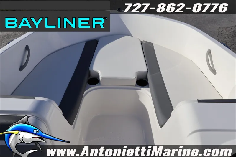 Slide: The Image of 2025 Bayliner Element E18 boat interior with seating, contact info, and Antonietti Marine logo. - 18