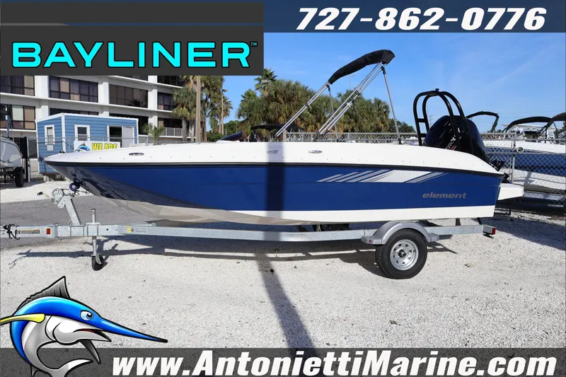 Slide: The Image of 2025 Bayliner Element E18 boat on trailer at Antonietti Marine dealership. - 3