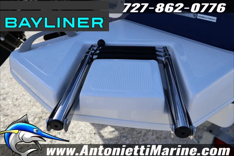 Slide: The Image of 2025 Bayliner Element E18 boat ladder with contact details and logo. - 5